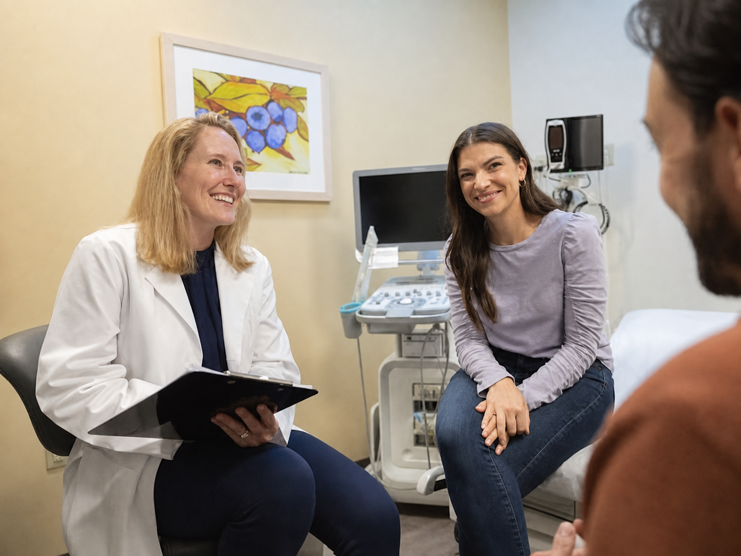 A physician speaking with patients in a consultation room