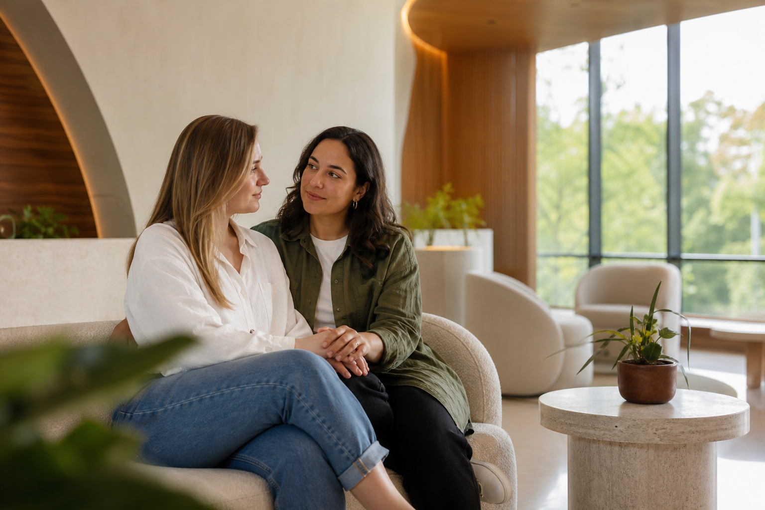 A couple together in a welcoming fertility clinic