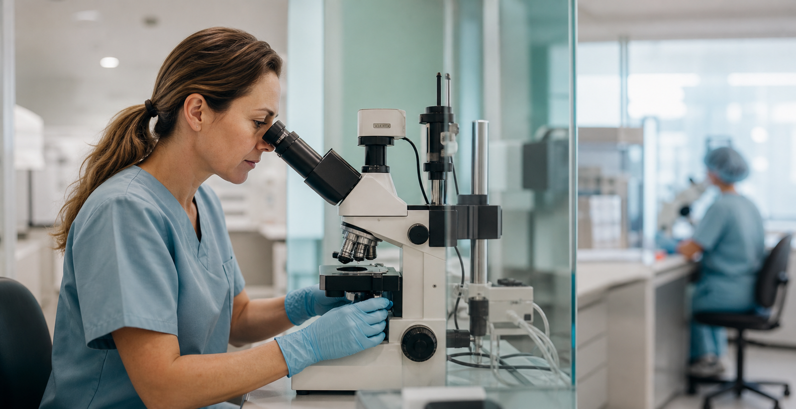 An embryologist working at a microscope in a modern laboratory